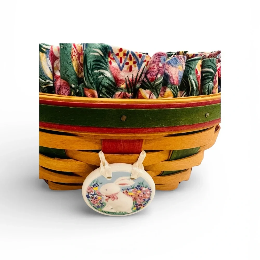 Longaberger Easter Basket, featuring a wooden bunny tie-on and fabric liner 1999